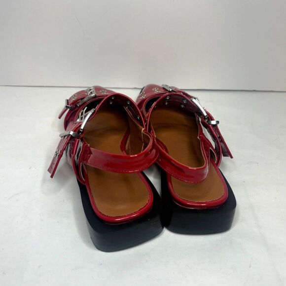 Lunhonk Red Patent Leather Slingback Flat Sandals Womens Studded Buckle Designer - Picture 6 of 11